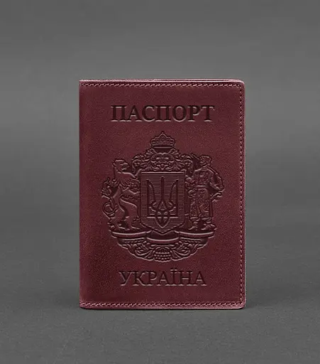 Кожаная обложка для паспорта с украинским гербом бордовая - фото 1