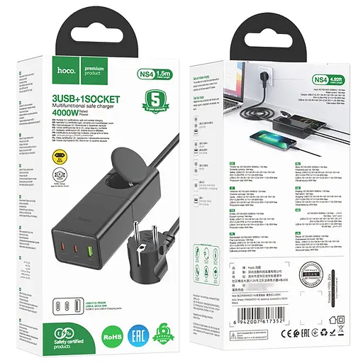 Сетевое зарядное устройство удлинитель Hoco NS4 USB/2 Type-C PD 65W черный - фото 8