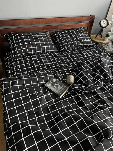 Постельное белье хлопковое Клеточка Полутораспальная 150 x 220 Бязь Черное 70 х 70