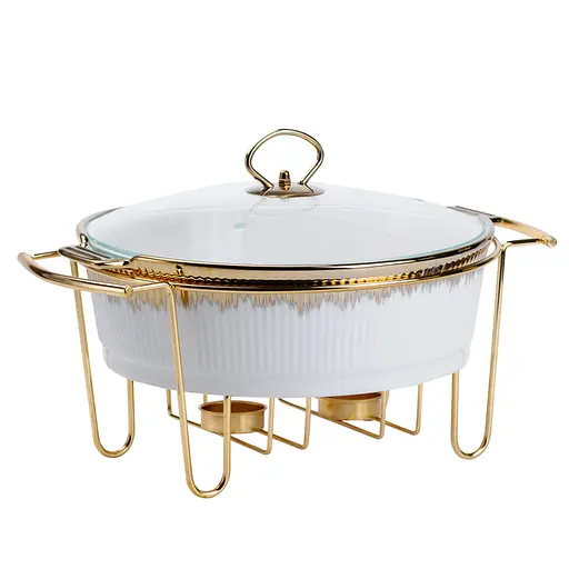 Мармит круглый 3 литра настольный с 2 подогревами для блюд керамический на металлической подставке с крышкой Белый с золотым - фото 1