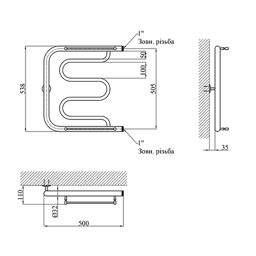 Полотенцесушитель водяной Kroner Фокстрот ФП02 530x500 CV014730, Хром, боковое - фото 2