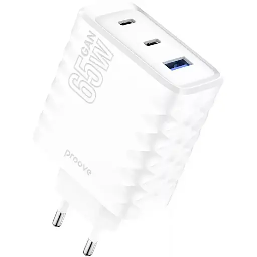 Зарядний пристрій швидкий адаптер живлення Proove Speed Surge Gan 65 W (USB + 2 Type-C) білий - фото 1