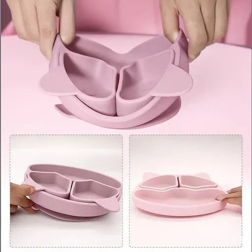 Набор детской силиконовой посуды Cheeks для прикорма на присосках из пищевого силикона нежно розовый с грызунком прорезывателем-погремушкой  Жираф - фото 3