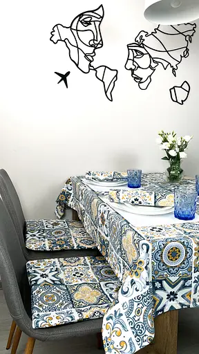 Водоотталкивающая Скатерть Витраж плитка синяя 220х140 см (+ 4 салфетки 30х40)