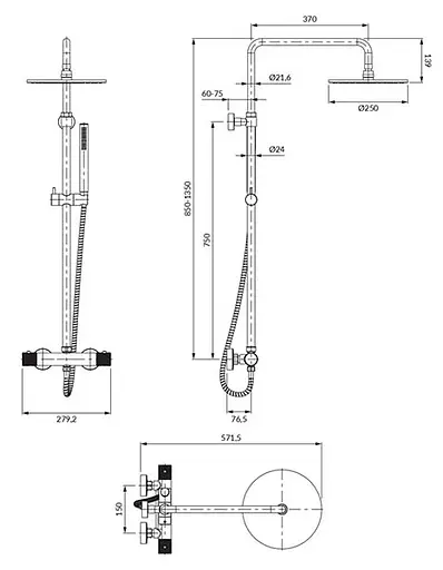 Душова система з термостатом Omnires Contour chrome CT8044CR, Хром - фото 2