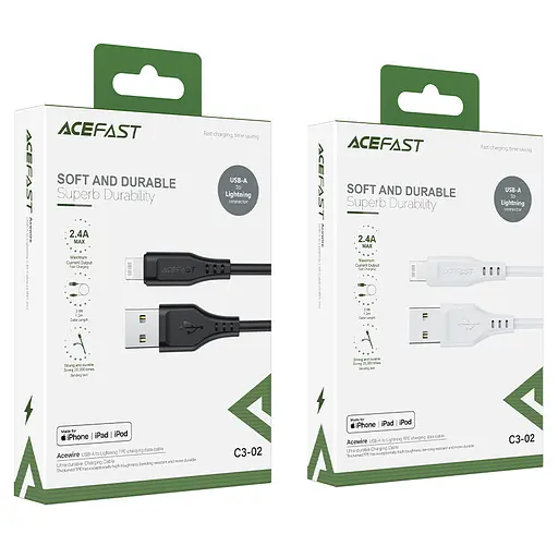 Кабель ACEFAST C3-02 USB to iP 2.4A, 1.2m, TPE, TPE connectors, Black - фото 2