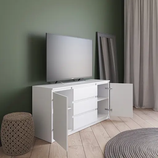 Комод під телевізор Vays R-15 Бетон-Білий фасад, 3 шухляди та 2 відділення з полицями, без ручок, ЛДСП, 140×40×75 см - для спальні, вітальні - фото 2