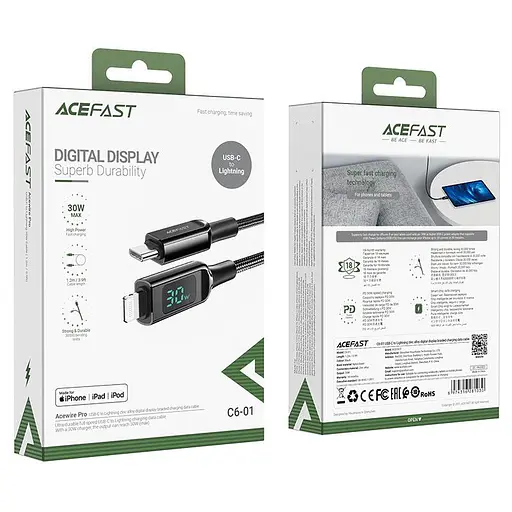 Кабель Acefast C6-01 Type-C to iP 3A 30W 1.2 м nylon zinc connectors чорний - фото 2
