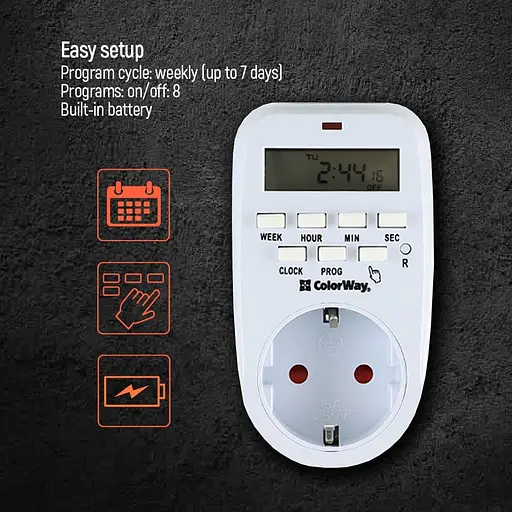 Таймер-розетка СolorWay 16A 3680W електронний тижневий 7D (CW-STE01-7D) - фото 9