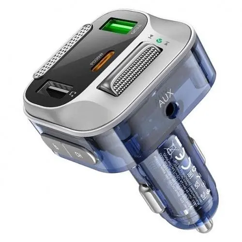 Адаптер ФМ трансмітер для авто HOCO Bravery E75 3 порти 30 Вт чорно-прозорий - фото 3