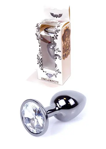 Металева анальна пробка з кристалом Boss Jewellery Dark Silver PLUG Clear 7 см (прозорий)