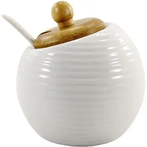 Сахарница Interos фарфоровая с ложкой и деревянной крышкой 320 мл PJ03396