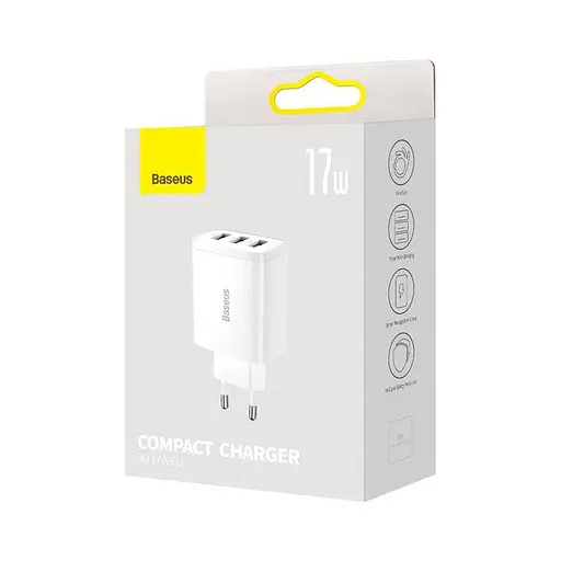 Зарядный сетевой адаптер БЖ Baseus Compact Charger 17 W 3 выхода USB (CCXJ020102) белый - фото 2