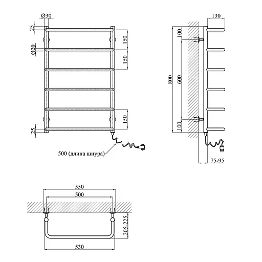 Полотенцесушитель электрический Kroner Скоба ДС10ER 800x500/6 ЕR CV023836, Хром, Правое - фото 2