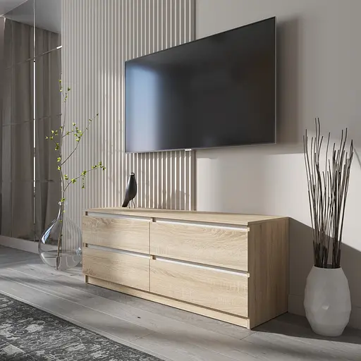 Тумба под телевизор Vays R-6 Дуб Сонома-Белые планки, 4 ящика без ручек, ЛДСП, 140×40×53 см