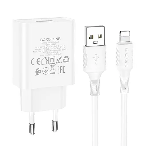 Адаптер сетевой BOROFONE Lightning Cable Aspirer single port charger set BA74A 1USB белый - фото 3