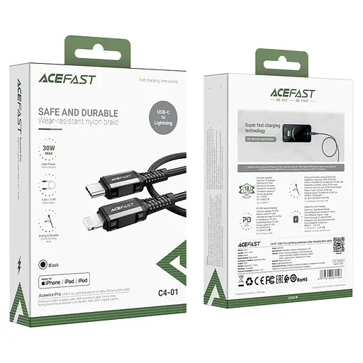 Кабель ACEFAST C4-01 Type-C to iP 3A, 30W, 1.8m, nylon, zinc connectors, Black - фото 2