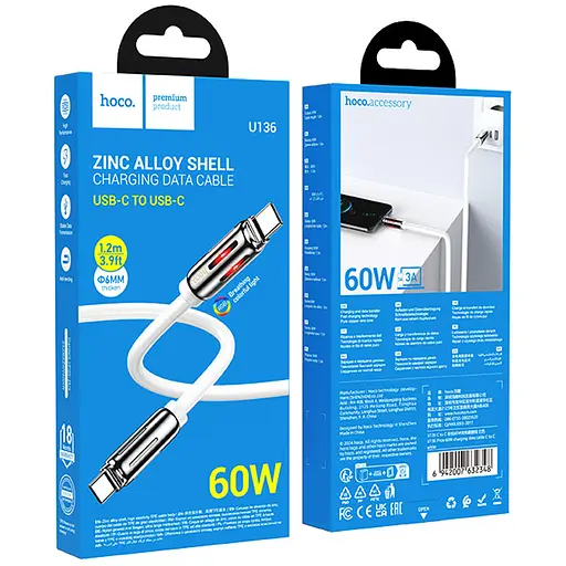 Дата кабель Hoco U136 Prize Type-C to Type-C 60W (1.2m) White - фото 4