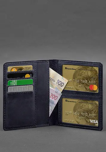 Кожаная обложка-органайзер для документов 6.1 синий Crazy Horse - фото 4