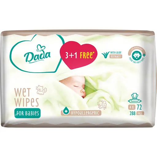 Уцінка. Вологі серветки Dada з витяжкою алое 4 упаковки x 72 шт. 