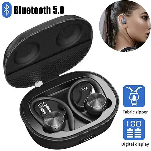 Беспроводные спортивные Bluetooth наушники TWS J92 c тканевым зарядным кейсом, сенсорами управления чёрные - фото 2