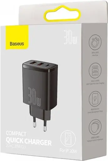 Мережевий зарядний пристрій Baseus Compact Quick Charger 2U + C 30W EU Чорний - фото 3