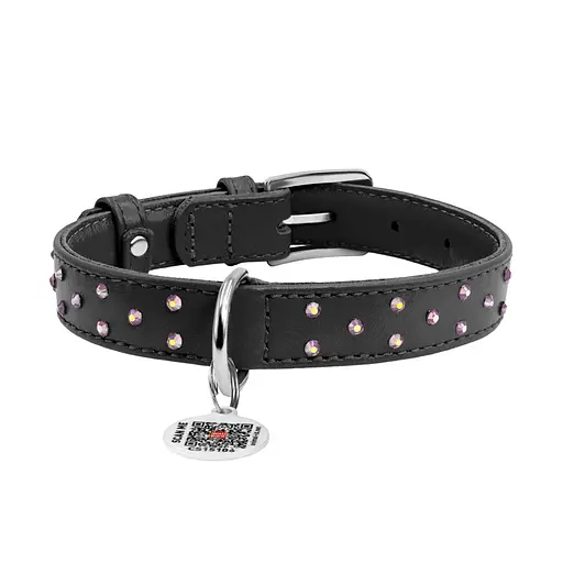 Ошейник для собак кожаный Waudog Glamour с QR-паспортом с клеевыми стразами Ш 20 мм Д 30-39 см черный - фото 3
