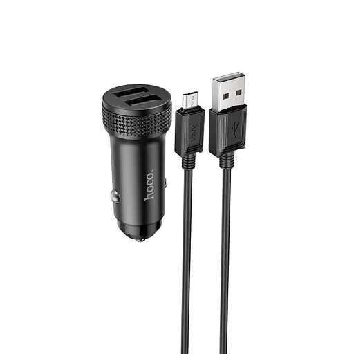 Адаптер автомобильный HOCO Micro USB Cable Level dual port car charger Z49 2 USB 12W черный набор - фото 3