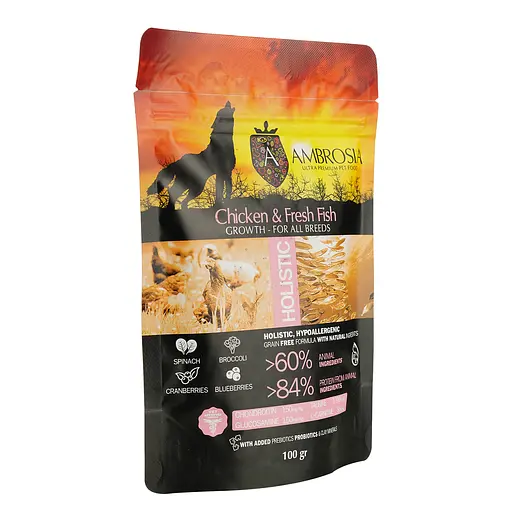  Повноцінний беззерновий корм Ambrosia Grain Free з куркою та рибою для цуценят усіх порід 100 г - фото 2