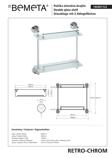Полка Bemeta Retro двойная стеклянная хром 144301122, Белый - фото 2