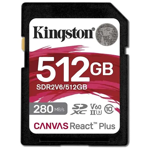 SDXC (UHS-II U3) Kingston Canvas React Plus 512Gb class 10 V60 (R280MB/s, W150MB/s)