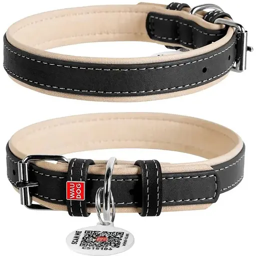 Ошейник для собак Waudog Soft с QR паспортом кожаный Ш 35 мм, Д 57-71 см черный - фото 1