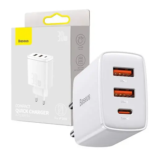 Быстрый зарядный блок Baseus Compact Quick Charger 2U+C 30 W CCXJ-E02 - фото 5