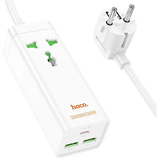 Мережевий фільтр HOCO AC9A на 1 розетку + 2 USB + USB-C, 30W, 220В, кабель 1.5 м, White, Box - фото 2