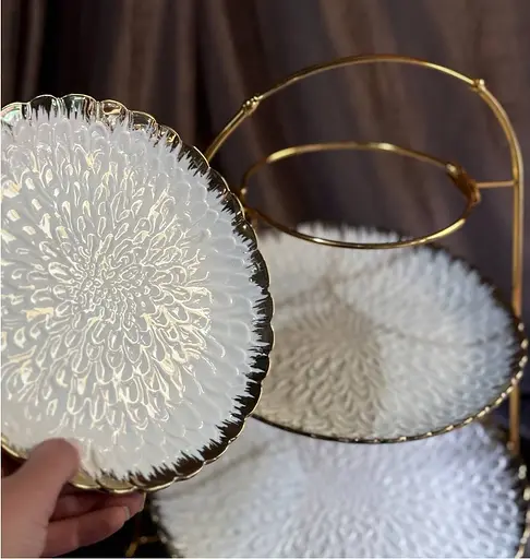 Фруктовница трехъярусная 45 см на металлической подставке керамическая тарелка 21x26x30 см Белый - фото 7