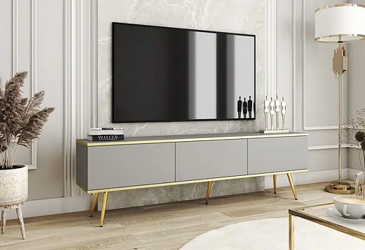 Тумба під телевізор Perfect Home Оро / Oro 3-дверна з золотими ніжками RTV175 Сірий (PFH-091320)