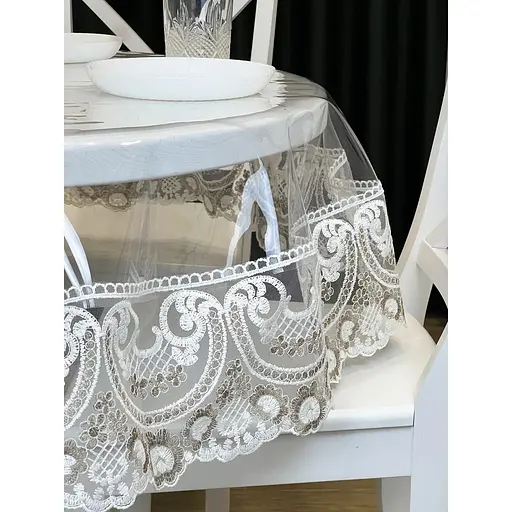 Силиконовая скатерть с бело-кофейным кружевом Арка 15см 390х160 см