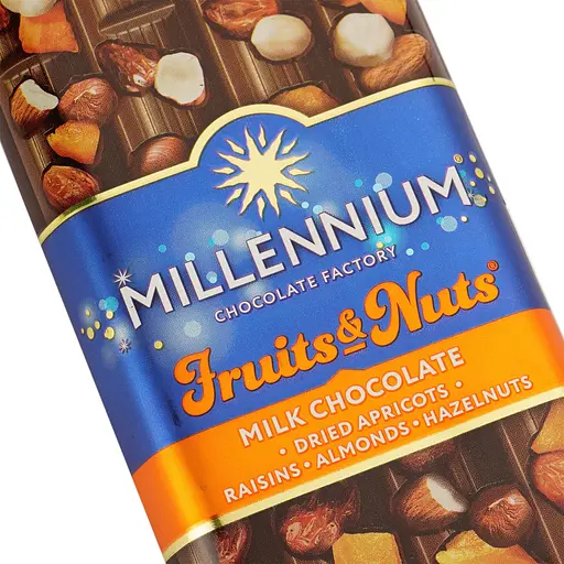Уценка. Шоколад Millennium Fruits & Nuts молочный с миндалем, целыми лесными орехами, курагой и изюмом 90 г (856194) - фото 3