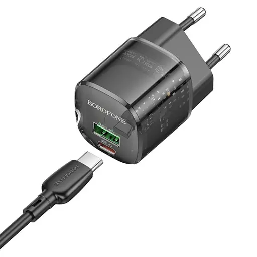 СЗУ Borofone BN17 Sunlight PD20W+QC3.0 (1USB-A/1C) + кабель Type-C to Type-C Transparent black - фото 3