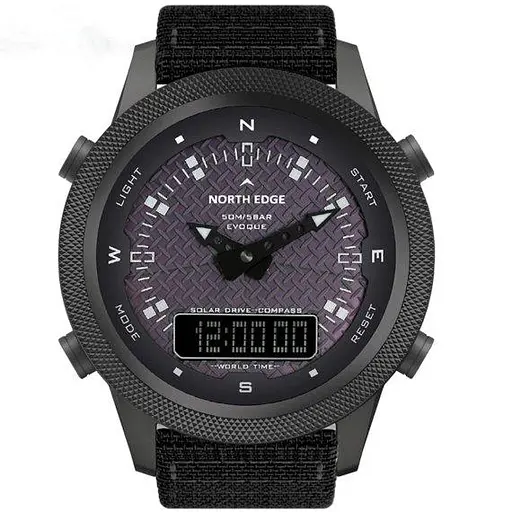 Мужские водостойкие тактические наручные часы North Edge Solar Compass (Черные)