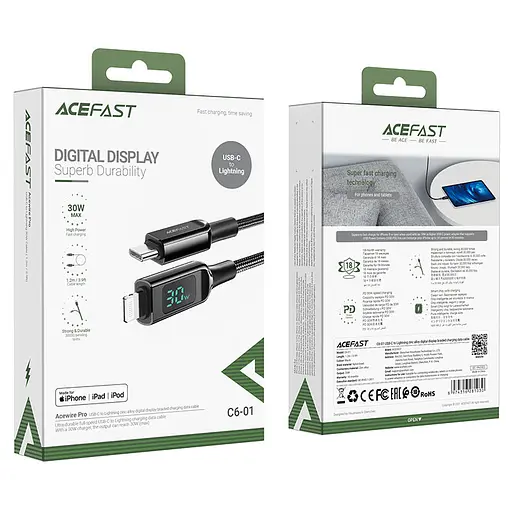 Кабель ACEFAST C6-01 Type-C to iP, 3A, 30W, 1.2m, nylon, zinc connectors, Black - фото 2