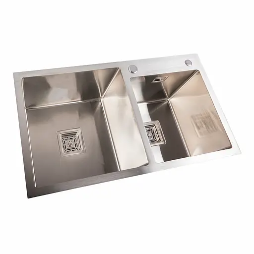 Кухонная мойка Platinum Handmade HDB 780x430x230 на две чаши (квадратный сифон, 3.0/1.0), Нержавеющая сталь - фото 1