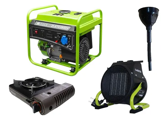 Генератор інверторний Zipper + газова плитка Orcamp CK-505 + електричний обігрівач Gardyer HE2000 та лійка (ZI-STE2800) - фото 1