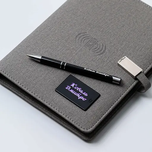 Текстильний сірій бізнес щоденник-органайзер з бездротовою зарядкою з вбудованим Powerbank і флешкою з ручкою в коробці із якісного картону - фото 2