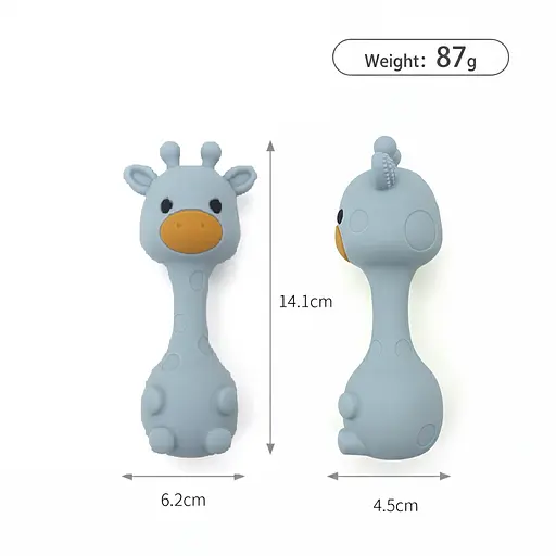Набор силиконовой детской посуды Cheeks для прикорма на присосках из пищевого силикона голубой с грызунком прорезывателем-погремушкой Жираф - фото 6