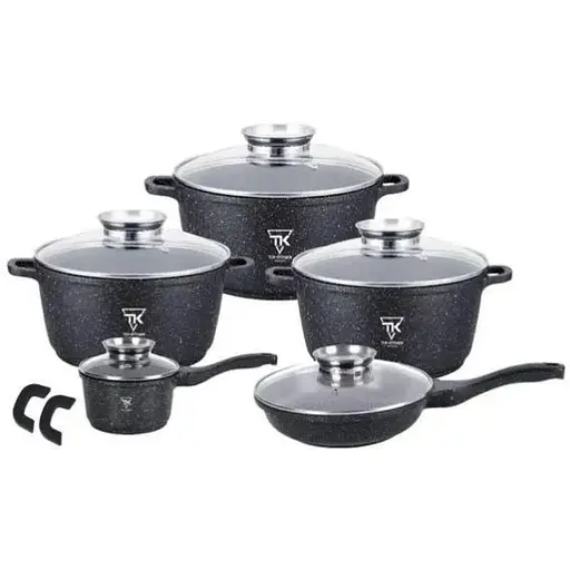 Набор кастрюль со сковородой и сотейником Top Kitchen TK-00020 с гранитным покрытием 12 предметов Черный - фото 1