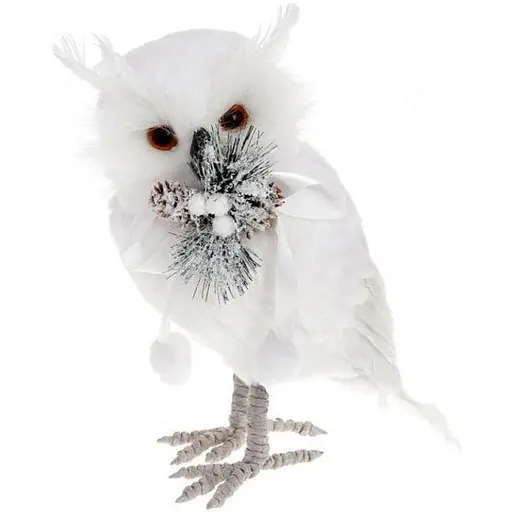 Новогодняя мягкая игрушка BonaDi Сова 27см с букетом Меховая декоративная фигурка Белая - фото 1