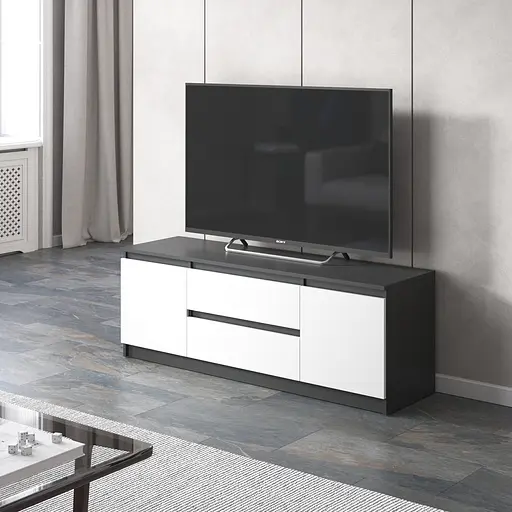Тумба під телевізор Vays, для вітальні, сучасна, 2 висувних ящика та дві двері, без ручок R-28 Антрацит-Білий фасад
