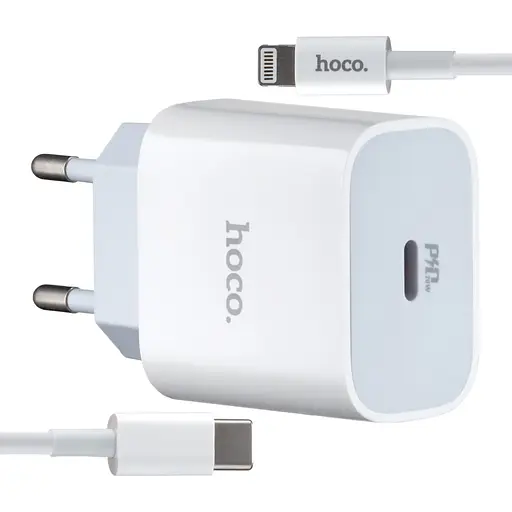 Мережевий зарядний пристрій Hoco C76A Plus Speed source PD20W charger set Type-C to Lightning ( EU ) Білий - фото 1