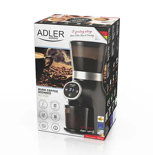 Кофемолка Adler AD 4450 Burr 300 Вт, конические металлические жернова, 31 степень помола, контейнер 300 г, таймер 25 с, черная/серебристая - фото 6